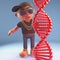 Cartoon 3d black hiphop rapper emcee character looking at genetic dna double helix, 3d illustration