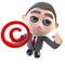 Cartoon 3d businessman character holding a copyright symbol