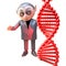 Cartoon 3d Dracula vampire monster standing next to a DNA double helix gene strand, 3d illustration