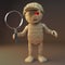 Cartoon 3d Egyptian mummy monster holding a magnifying glass and holding a detective magnifying glass, 3d illustration