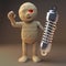 Cartoon 3d Egyptian mummy monster holding a suspension shock absorber, 3d illustration