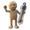 Cartoon 3d Egyptian mummy monster holding a vehicle suspension shock absorber, 3d illustration