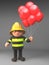 Cartoon 3d fire fighter fireman in high visibility clothing holding some party red balloons