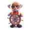 Cartoon 3d mad scientist professor steering with a ships wheel