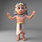 Cartoon 3d pharaoh Tutankhamun cheering with arms raised, 3d illustration