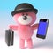 Cartoon 3d pink fluffy teddy bear wearing a bowler hat and holding a briefcase and smartphone tablet device, 3d illustration