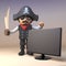 Cartoon 3d pirate captain character with sword stands by a widescreen flatscreen tv monitor, 3d illustration