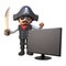 Cartoon 3d pirate captain character waves his cutlass next to a widescreen hdtv television monitor, 3d illustration