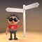 Cartoon 3d punk rock character with spiky hair standing at a crossroads road sign, 3d illustration