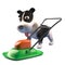 Cartoon 3d puppy dog character looking at a lawnmower, 3d illustration