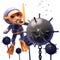 Cartoon 3d snorkel scuba diver finds many underwater mines in the sea, 3d illustration