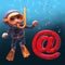 Cartoon 3d underwater snorkel scuba diver looking at an email address symbol sinking in the ocean, 3d illustration