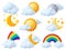 Cartoon 3d weather elements. Sun moon and stars, rainbow and fluffy clouds. Nature plasticine objects, render style
