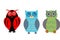 Cartoon abstract funny multicolored owls on white background