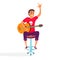 Cartoon acoustic guitar player. Teenage guitarist shows rock and roll sign. Vector illustration of happy young person