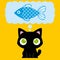 Cartoon Adorable Cat Dreaming With A Fish