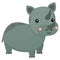 Cartoon adorable gray baby rhino with ruddy cheeks and a smile standing on a white background.