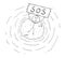 Cartoon of Aerial View of Castaway Man on Small Island Holding SOS Sign