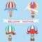 Cartoon aerostat air balloon festival sky flight travel basket retro airship icons set design vector illustration