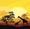 Cartoon African Savannah Card Poster - giraffes during sunset
