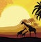 Cartoon African Savannah Card Poster - giraffes during sunset, free space for your text