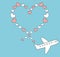 Cartoon airplane flying in the blue sky and make heart shape romantic cute illustration