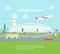 Cartoon Airport Building and Plane Concept Banner Card. Vector