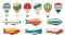Cartoon airship. Dirigible hot air balloon transport with cabin and basket, old aerial transportation, colorful aircraft