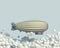 Cartoon airship flies in the blue sky against the background of bubble clouds. Pastel colors. Ð¡opy space. 3D render.