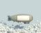 Cartoon airship flies in the blue sky against the background of bubble clouds. Pastel colors. Ð¡opy space. 3D render.