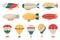 Cartoon airship mega set elements in flat design. Bundle of different types and colors hot air balloons and dirigibles. Vintage