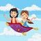 Cartoon aladdin and jasmine travelling on flying carpet