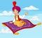 Cartoon aladdin travelling on flying carpet