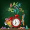 Cartoon alarm clock with school supplies on schoolboard background. Back to school color chalk text. Vector illustration