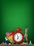 Cartoon alarm clock with school supplies on schoolboard background. Vector illustration.