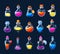Cartoon alchemy bottles. Magic potion and love elixir game UI icons asset, colorful poison and antidote in various