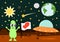 Cartoon alien bring love flag on mars funny cute illustration