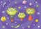 Cartoon alien family with a little son on space background