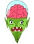 Cartoon alien head with brain in glass dome