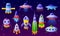 Cartoon alien spaceship. Fantasy ufo spacecraft, futuristic space shuttle or aircraft. Funny colorful rockets for kids