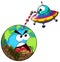 Cartoon alien or ufo space ship drinking water irritated earth isolated