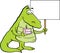 Cartoon alligator holding a piece of cake and a sign.