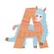 Cartoon alpine Lama with the letter A. Vector illustration on white background.