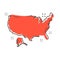 Cartoon America map icon in comic style. USA illustration pictogram. Country geography sign splash business concept.