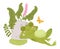 Cartoon amphibia, cute resting frog character. Sleeping green toad in natural habitat, froggy water animal with water lilies and