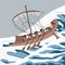 Cartoon ancient vessel at sea storm