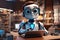 Cartoon android robot working on laptop in office business