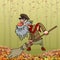 Cartoon angry bearded janitor sweeping broom in autumn park