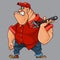 Cartoon angry big man with a key tool in his hand