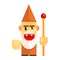 Cartoon angry dwarf holding staff in his hands. Fairy tale, fantastic, magical colorful character